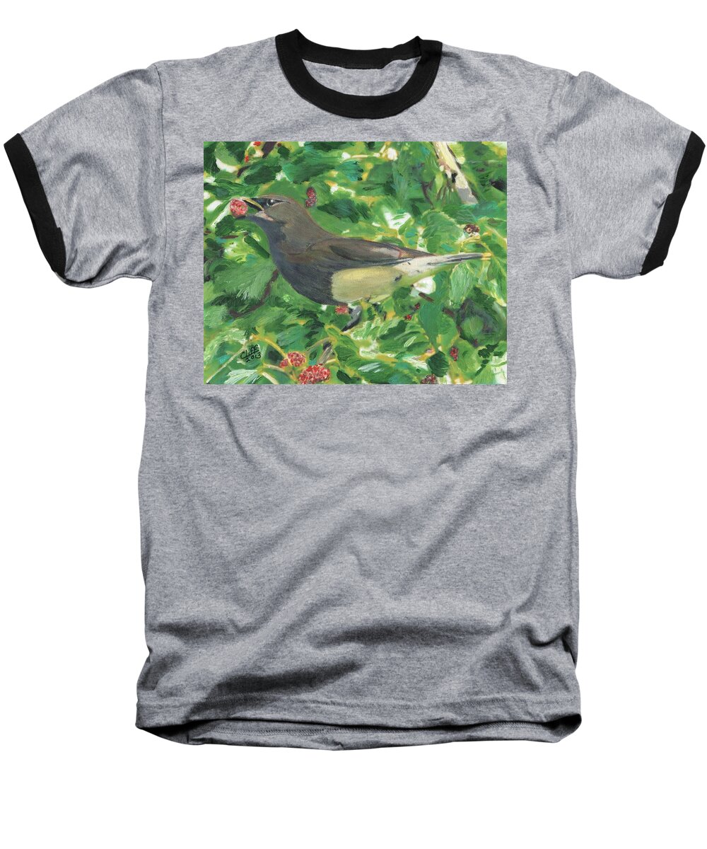 Bird Baseball T-Shirt featuring the painting Cedar Waxwing Eating Mulberry by Cliff Wilson