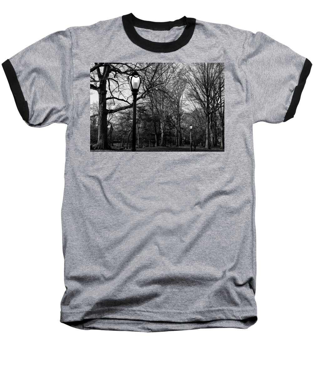 Black And White Baseball T-Shirt featuring the photograph Central Park streetlamps in black and white 2 by Marianne Campolongo