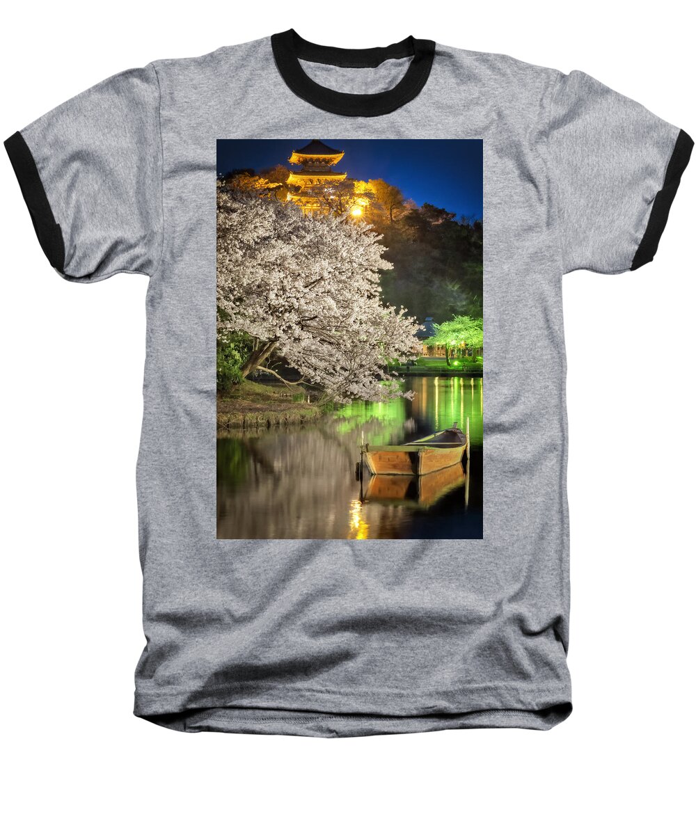 Temple Buddhism Asian Meditation Buddhist Religious Religion Culture Asia Buddha Travel Oriental Worship Old Art Gold Siam Prayer Pray Faith Statue Traditional Tradition Chinese Ancient Sculpture Spiritual Zen China Meditate Baseball T-Shirt featuring the photograph Cherry Blossom Temple boat by John Swartz