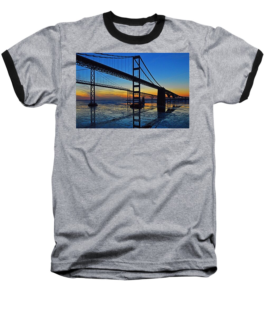 Chesapeake Bay Bridge Baseball T-Shirt featuring the photograph Chesapeake Bay Bridge Reflections by Bill Swartwout