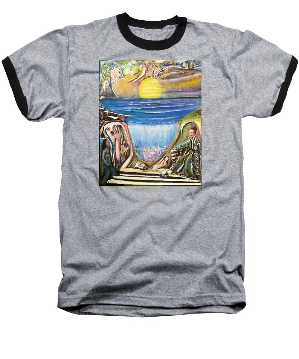 Landscape Baseball T-Shirt featuring the painting Children Walking on the Sun and Visiting Earth by Kicking Bear Productions