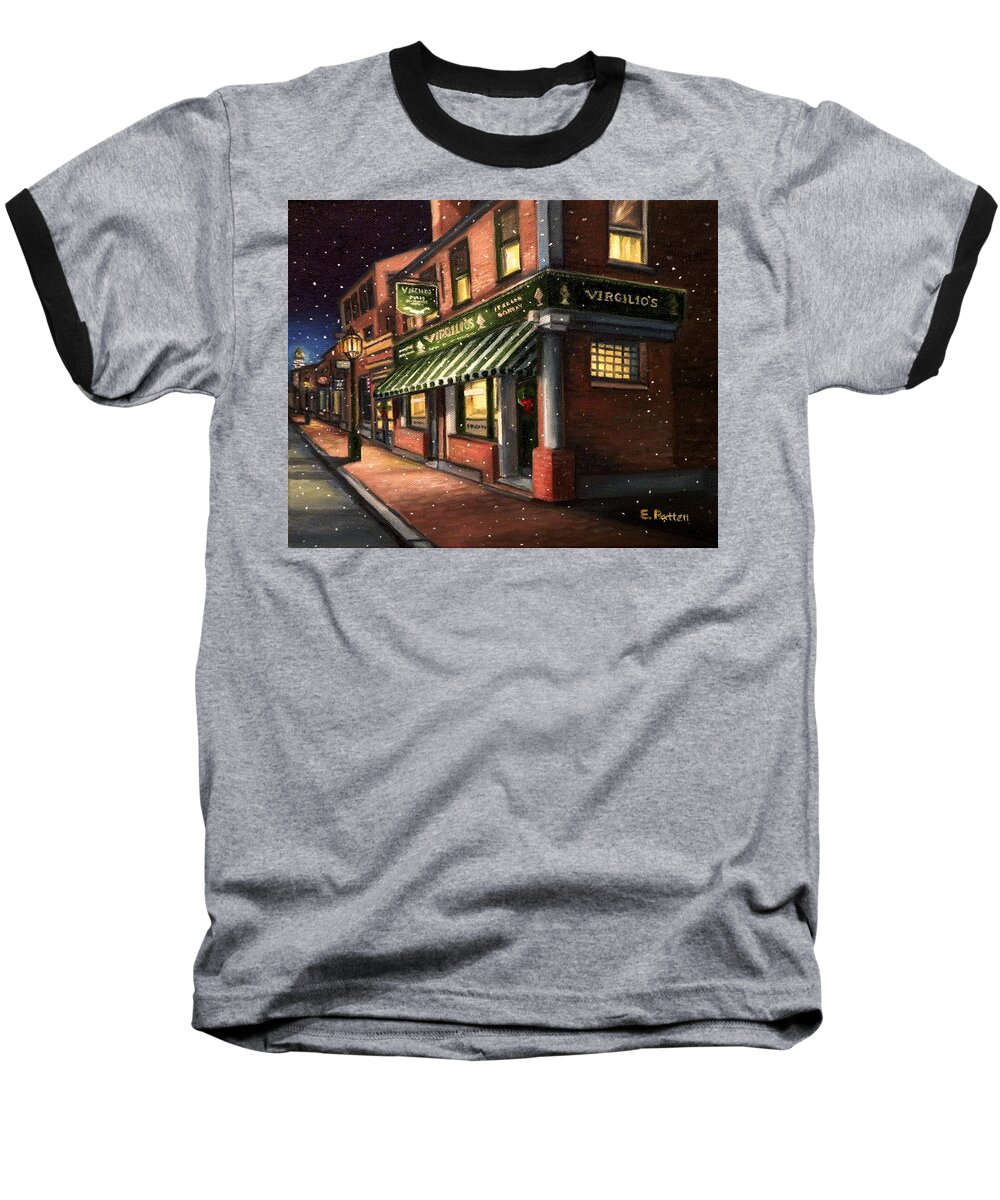 Gloucester Baseball T-Shirt featuring the painting Christmas At Virgilios by Eileen Patten Oliver