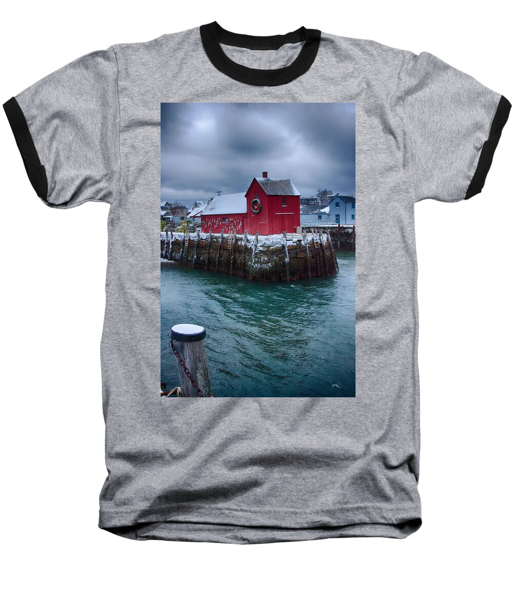 Rockport Harbor Baseball T-Shirt featuring the photograph Christmas in Rockport Massachusetts by Jeff Folger