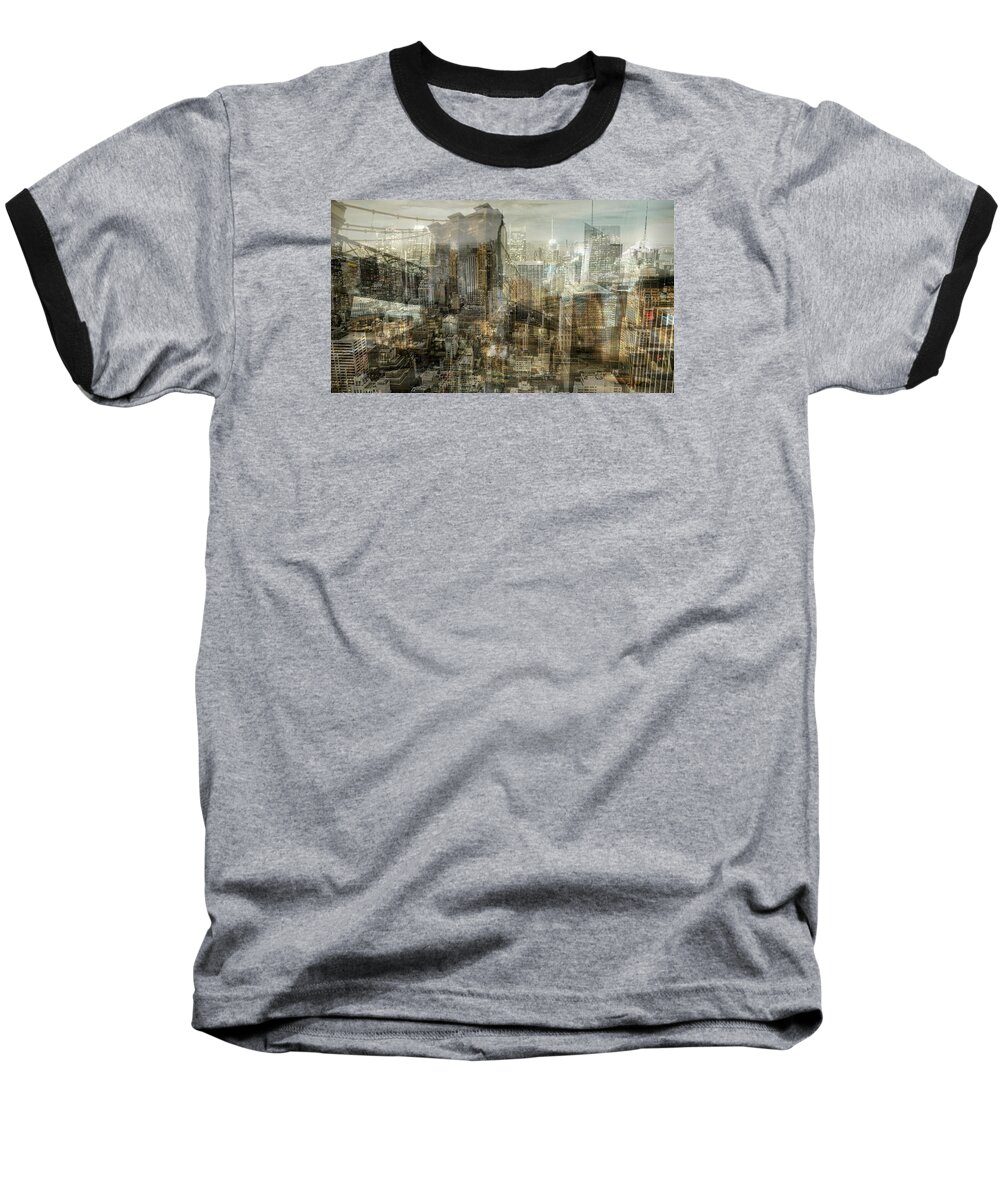 City Baseball T-Shirt featuring the digital art City Sounds Cityscape by Mary Clanahan