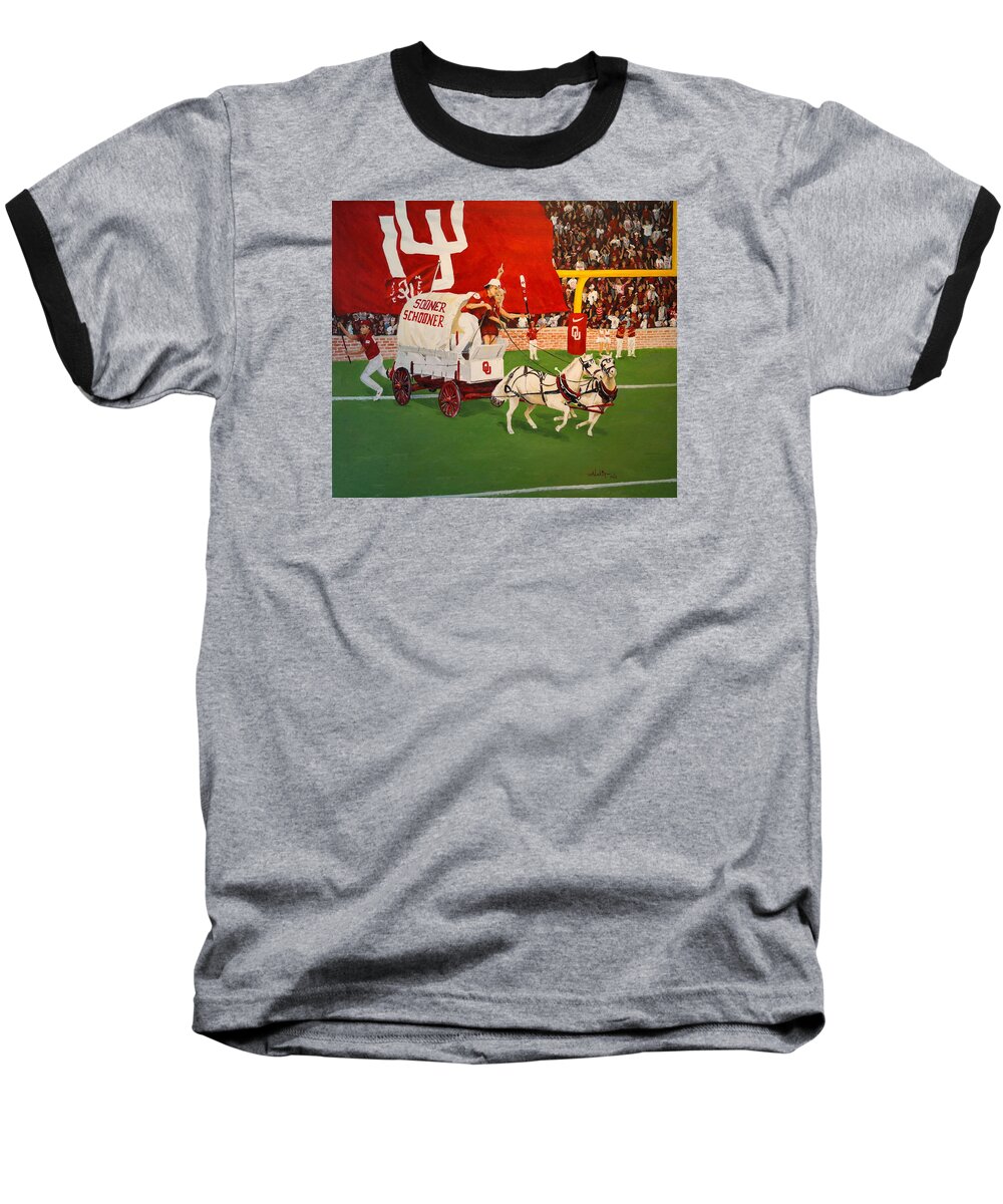 Football Baseball T-Shirt featuring the painting College Football in America by Alan Lakin