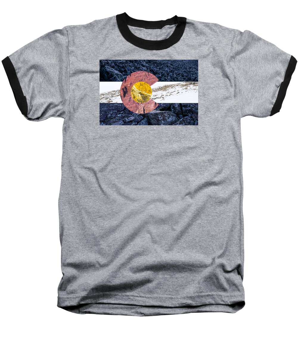 Colorado Baseball T-Shirt featuring the photograph Colorado State Flag with Mountain Textures by Aaron Spong