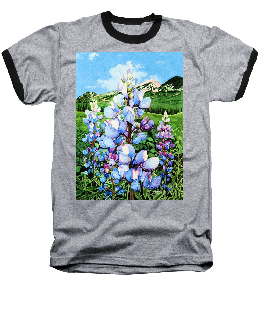 Flowers Baseball T-Shirt featuring the painting Colorado Summer Blues by Barbara Jewell