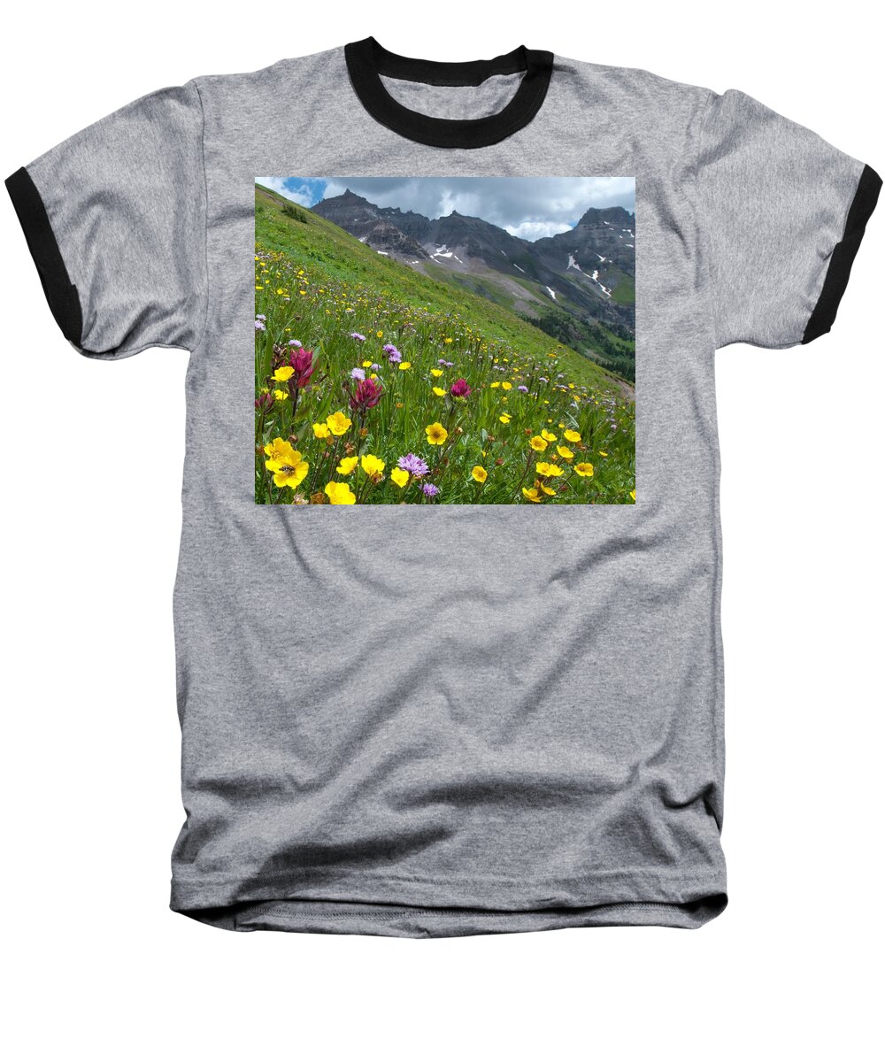 Colorado Baseball T-Shirt featuring the photograph Colorado Wildflowers and Mountains by Cascade Colors