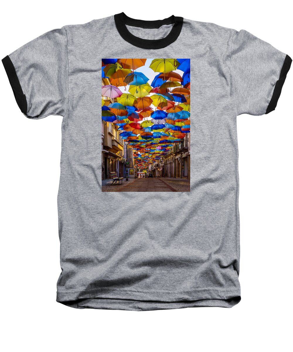 Colorful Floating Umbrellas Baseball T-Shirt featuring the photograph Colorful Floating Umbrellas by Marco Oliveira