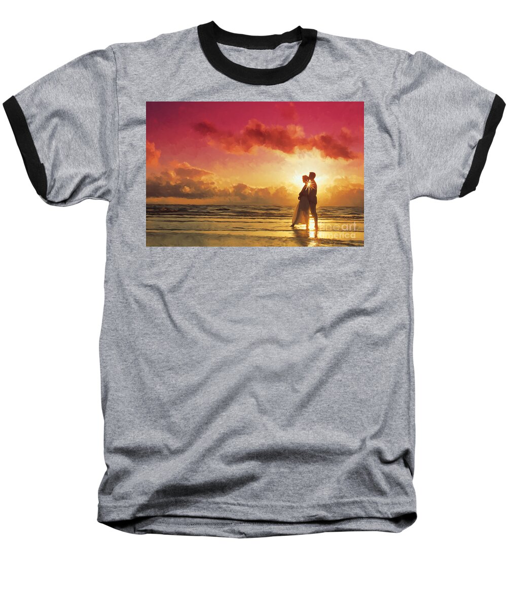 Couple At Sunset On The Beach Baseball T-Shirt featuring the painting Couple At Sunset On The Beach by Tim Gilliland