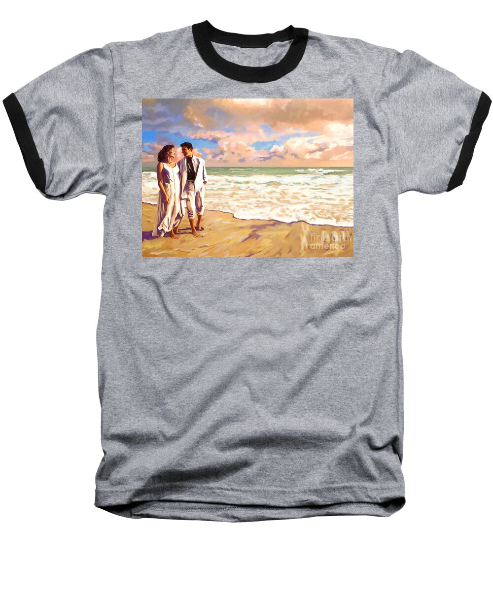 Couple Walking Together On The Beach Baseball T-Shirt featuring the painting Couple Walking Together On The Beach by Tim Gilliland
