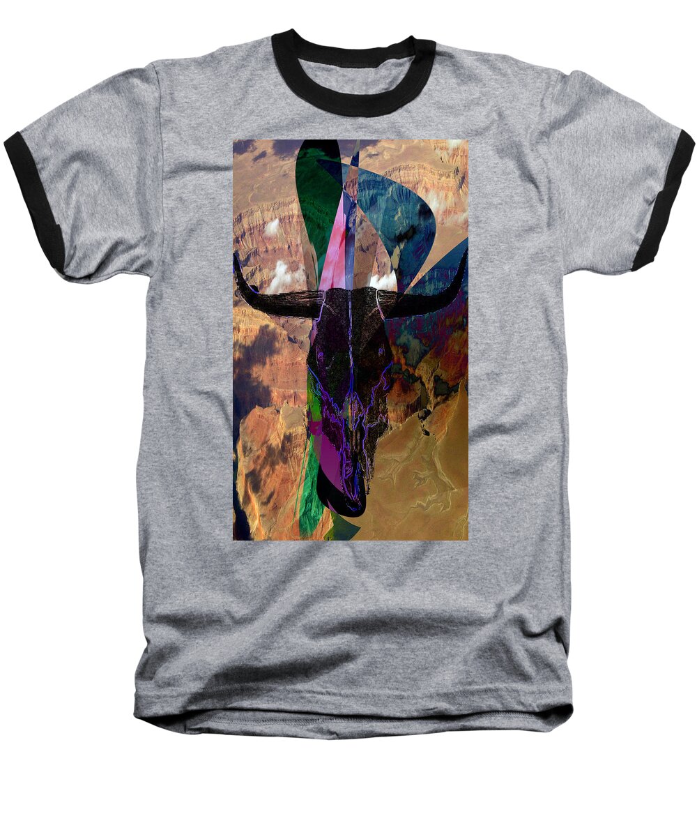 Cow Baseball T-Shirt featuring the digital art Cowskull over the Canyon by Cathy Anderson