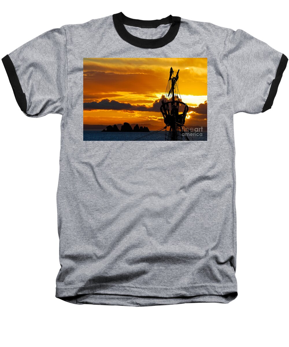 Saling Baseball T-Shirt featuring the photograph Crows Nest Silhouette on Newfoundland Coast by Les Palenik