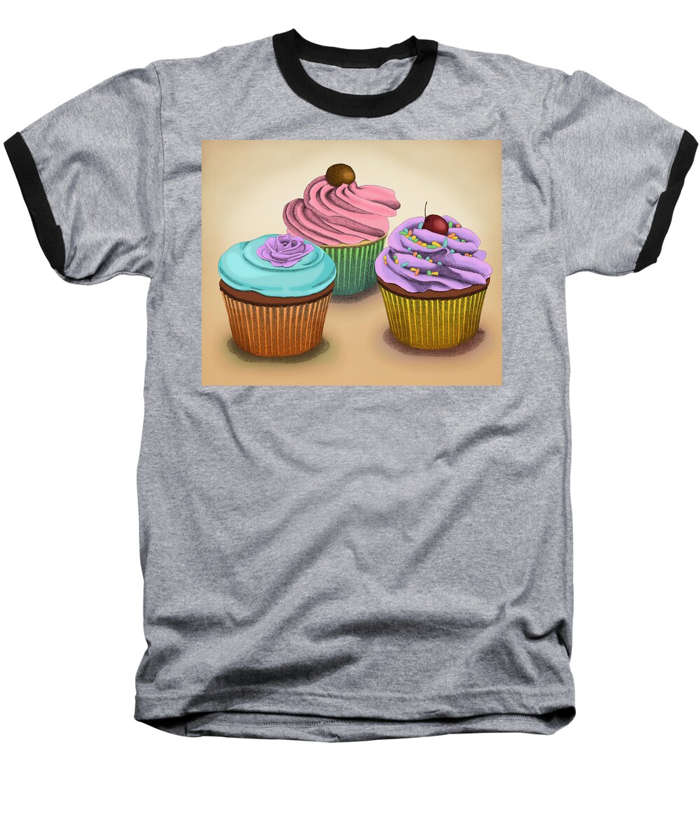 Cupcake Icing Cherry Food Baseball T-Shirt featuring the drawing Cupcakes by Meg Shearer