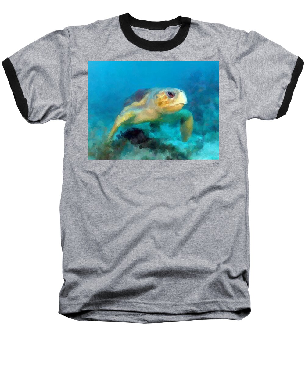 Curious Turtle Baseball T-Shirt featuring the mixed media Curious Sea Turtle by David Van Hulst