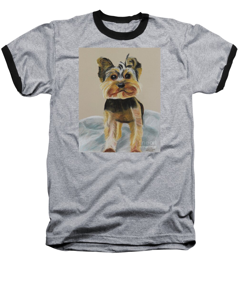 Animal Mugs Collection Baseball T-Shirt featuring the painting Cute Yorkie by Annette M Stevenson