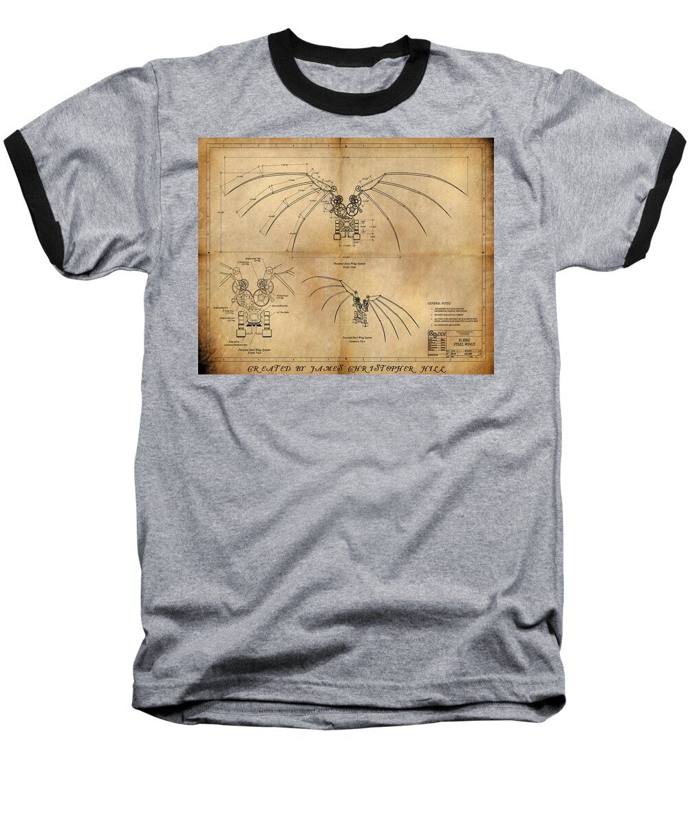 Steampunk; Gears; Housing; Cogs; Machinery; Lathe; Columns; Brass; Copper; Gold; Ratio; Rotation; Elegant; Forge; Industry Baseball T-Shirt featuring the painting DaVinci's Wings by James Hill