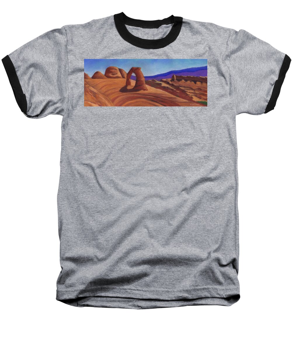 Landscape Baseball T-Shirt featuring the pastel Delicate Arch by Anne Katzeff