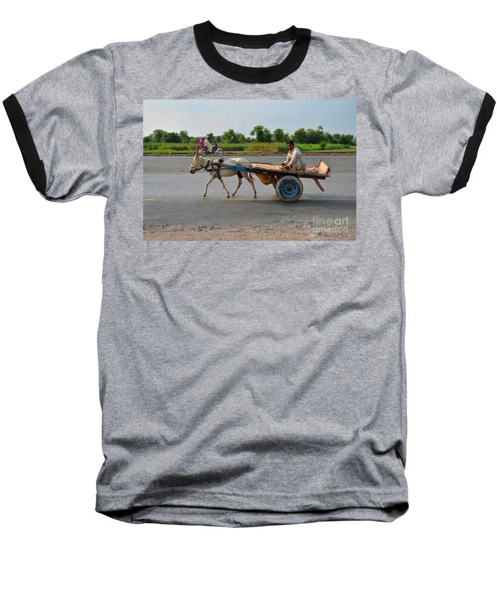 Donkey Baseball T-Shirt featuring the photograph Donkey cart driver and motorcycle on Pakistan highway by Imran Ahmed