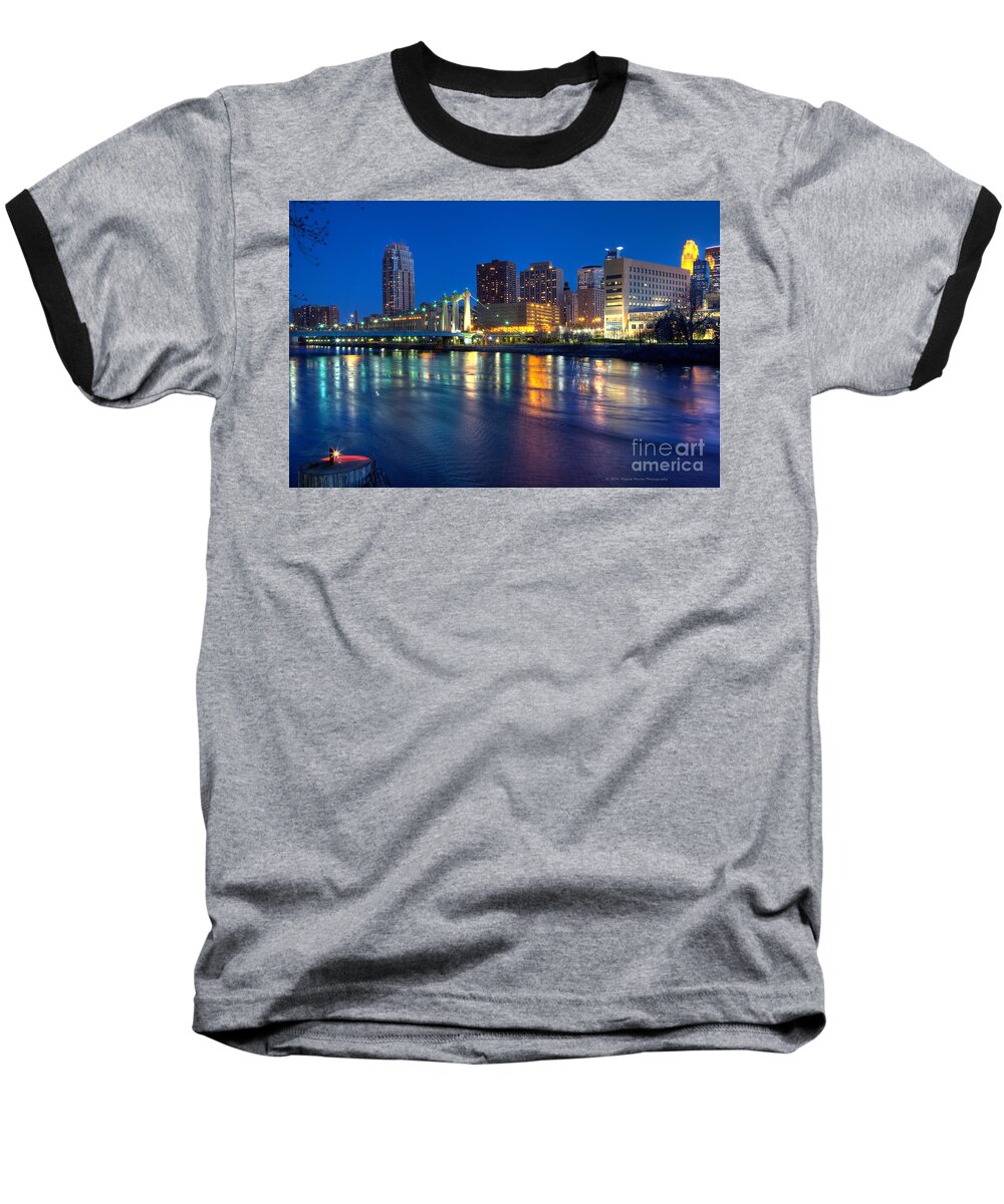 Hennepin Avenue Bridge Baseball T-Shirt featuring the photograph Downtown Minneapolis Skyline Hennepin Avenue Bridge by Wayne Moran