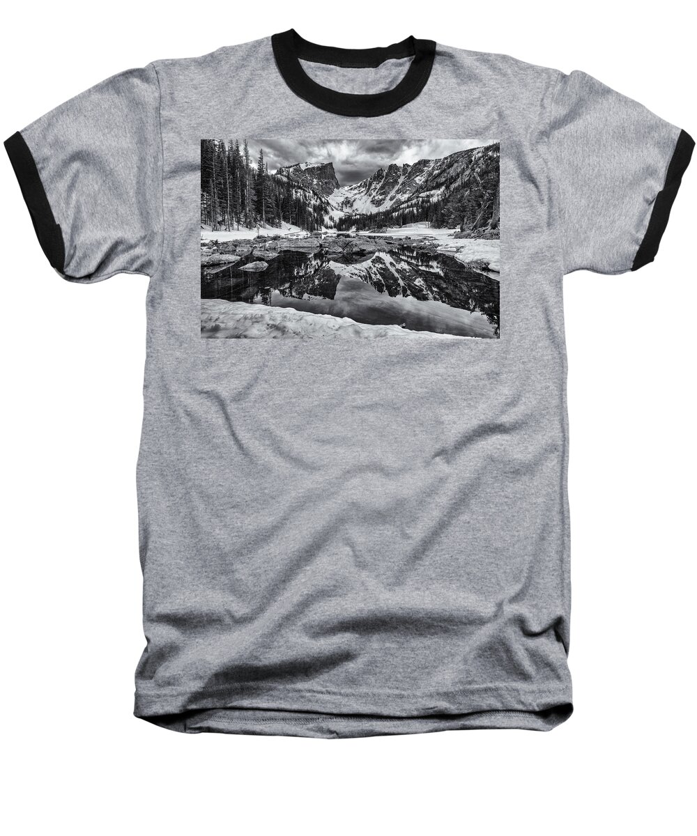 Rocky Mountain Baseball T-Shirt featuring the photograph Dream Lake Morning Monochrome by Darren White