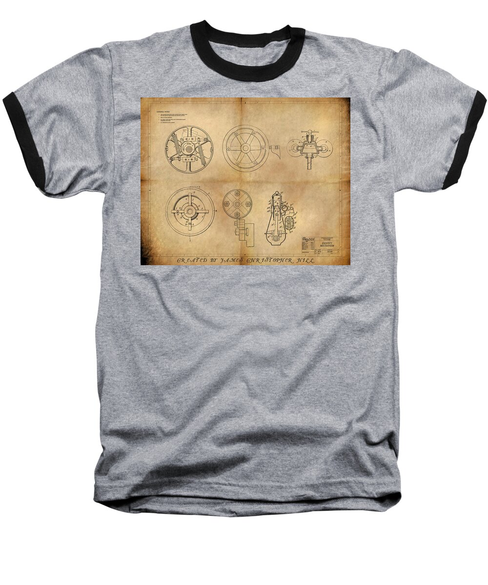 Steampunk; Leoardo Davinci; Steam; Wings; Machine; Gears; Pump; Piston; Brass; Copper; Steel; Science Fiction City; City; Future; Architecture; Design; Cyan; Landscape; Future Scape; Lights; Citylights; Reflection; James Chirstopher Hill; James Hill; Scenic; Power; Light; Vintage Baseball T-Shirt featuring the painting Drive Mechanism by James Hill