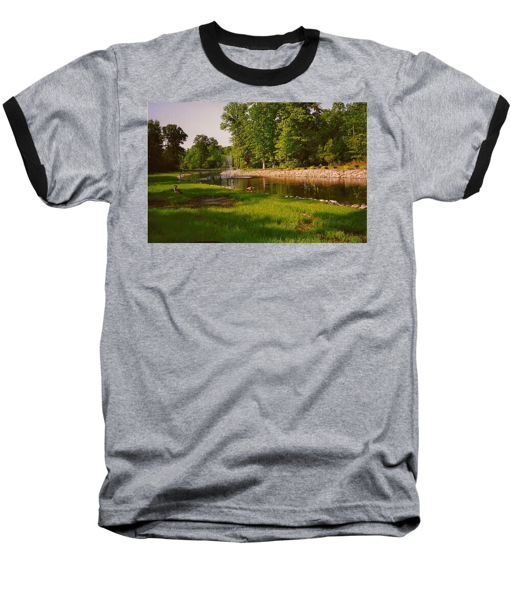 Ducks Baseball T-Shirt featuring the photograph Duck Pond With Water Fountain by Chris W Photography AKA Christian Wilson