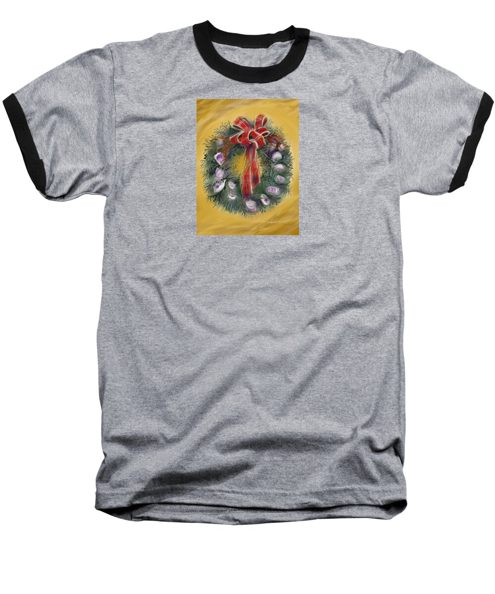 Wreath Baseball T-Shirt featuring the painting Duxbury Oyster Wreath by Jean Pacheco Ravinski