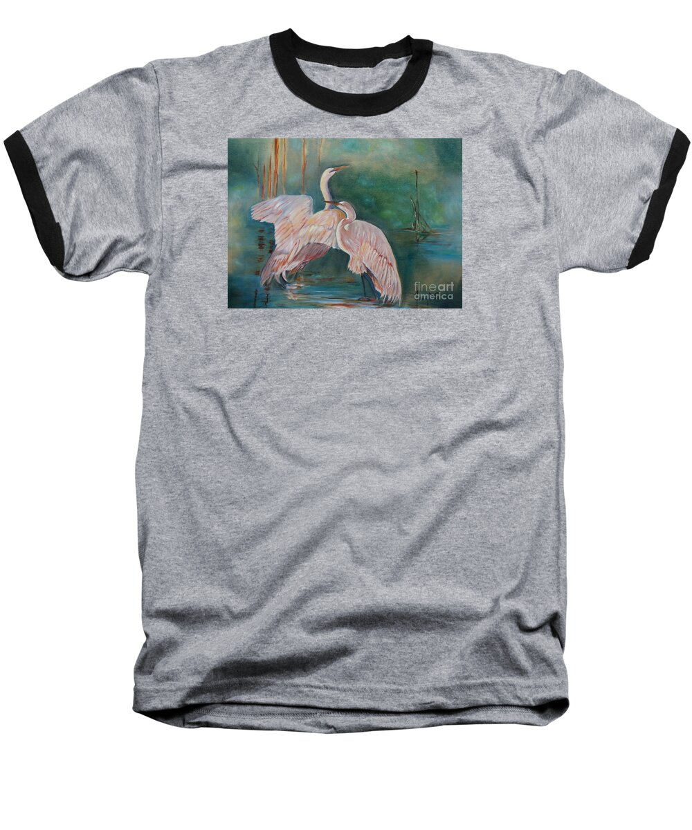 Misty Scene Baseball T-Shirt featuring the painting Egrets in the Mist by Jenny Lee