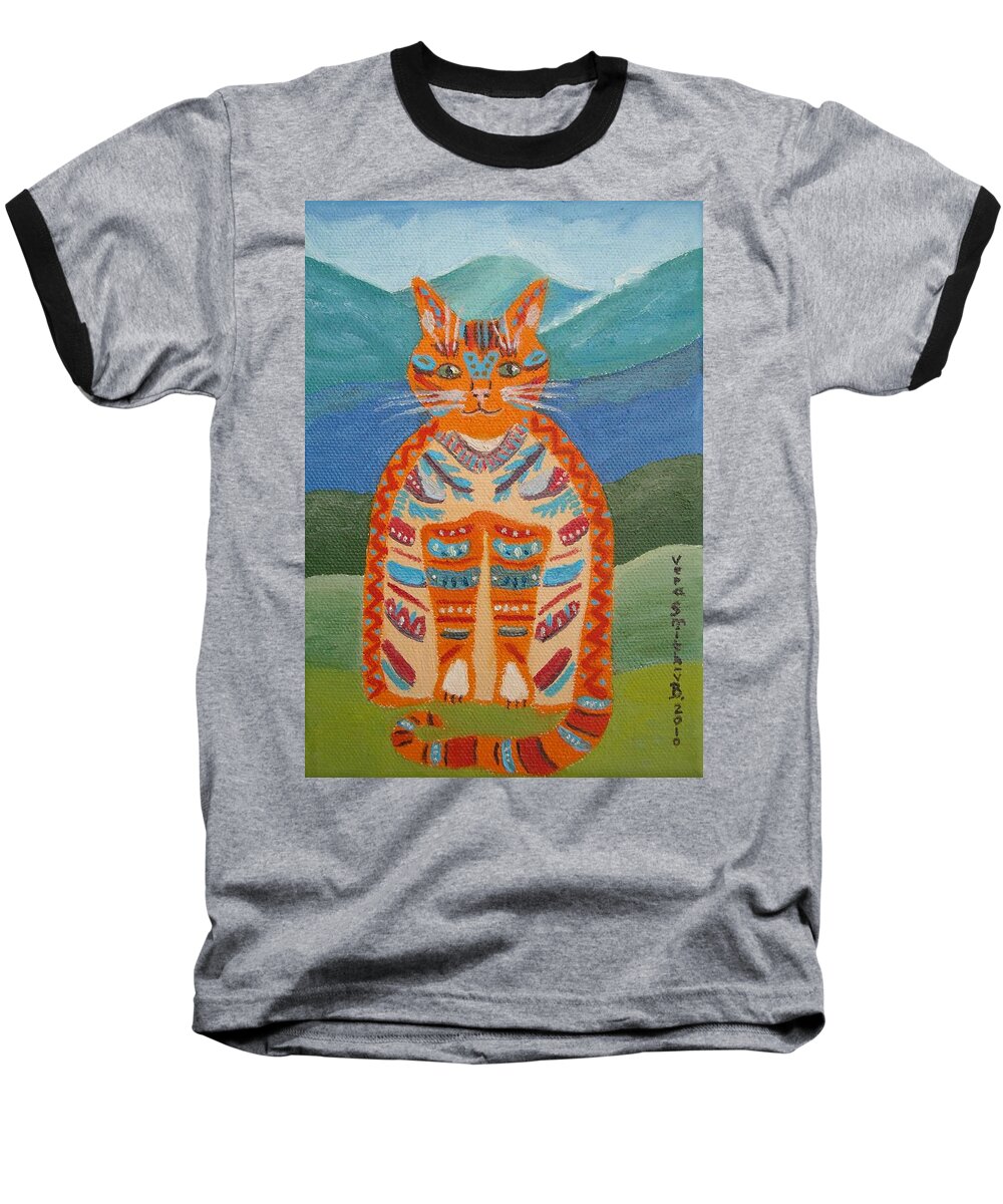 Red Cat Baseball T-Shirt featuring the painting Egyptian Don Juan by Vera Smith