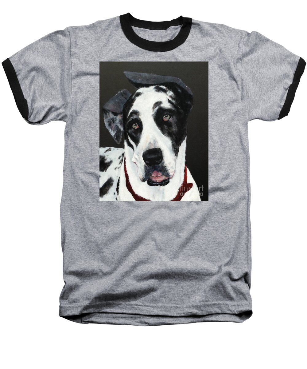 Portrait Of A Harlequin Great Dane Who Has Been Rescued Baseball T-Shirt featuring the painting Emma by Mary Lynne Powers