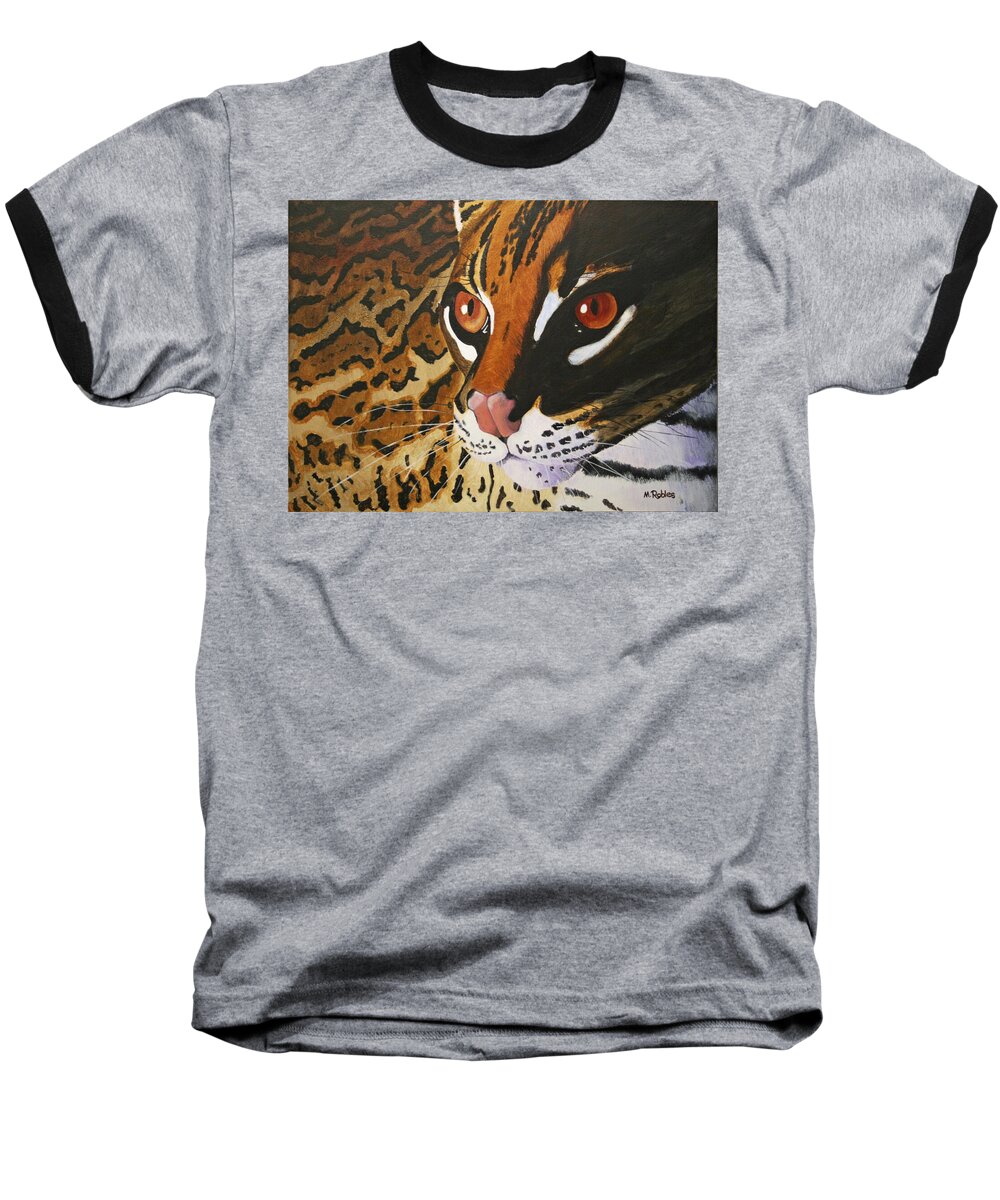 Endangered Baseball T-Shirt featuring the painting Endangered - Ocelot by Mike Robles