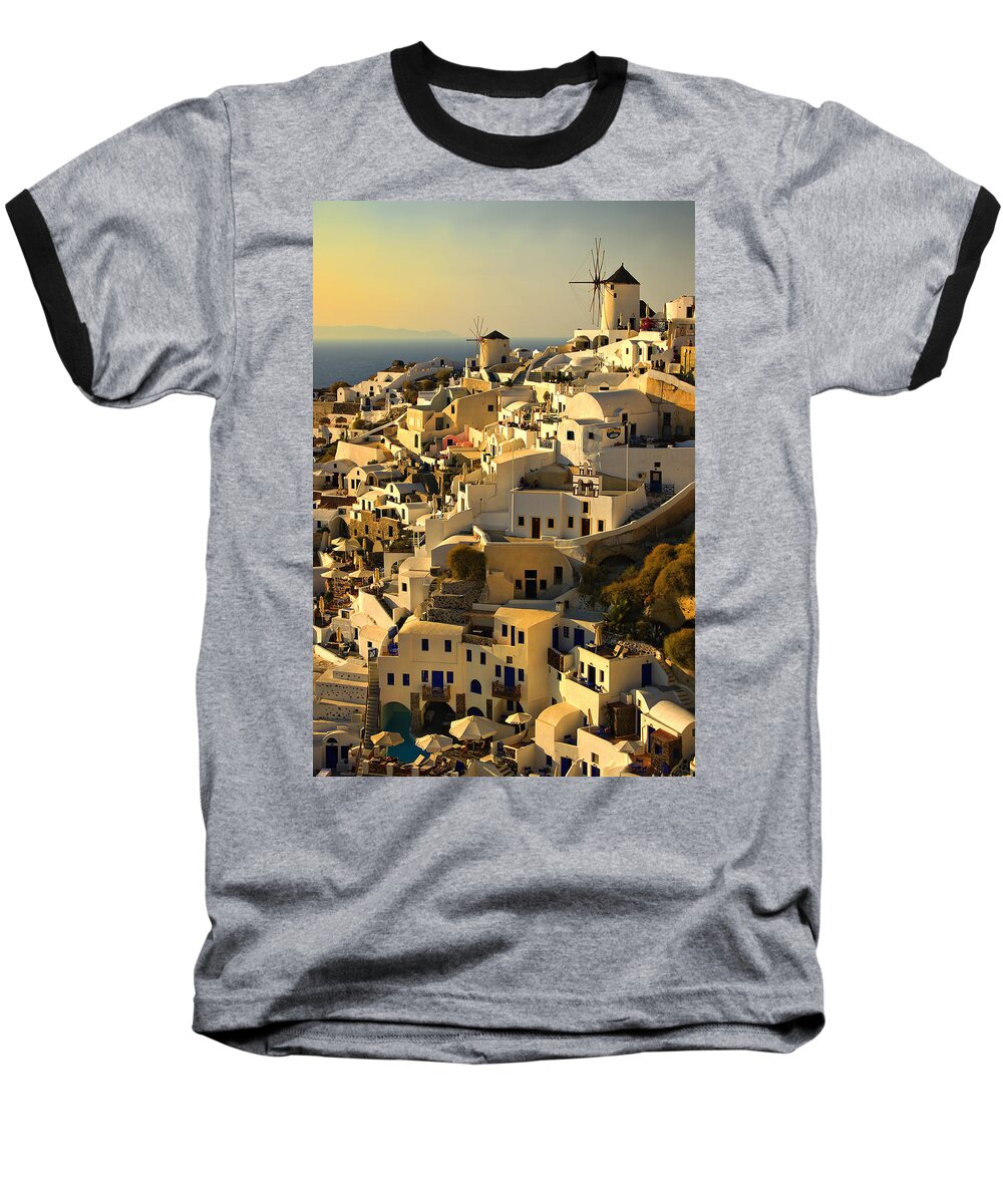 Oia Baseball T-Shirt featuring the photograph evening in Oia by Meirion Matthias
