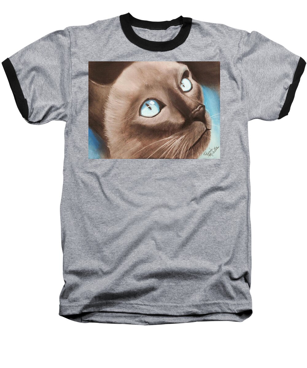 Cat Baseball T-Shirt featuring the pastel Eyeing the Canary by Renee Michelle Wenker