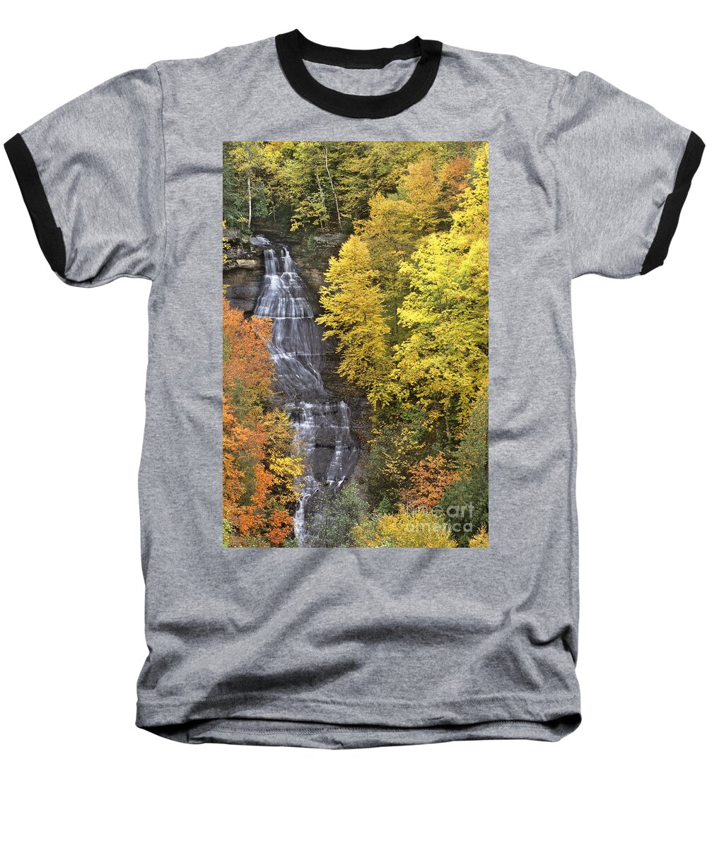 Michigan Baseball T-Shirt featuring the photograph Fall Color Surrounds Chapel Falls on the Michigan Upper Peninsula by Dave Welling