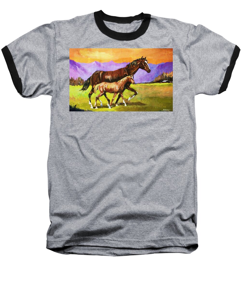 Horeses Baseball T-Shirt featuring the painting Family Stroll by Al Brown