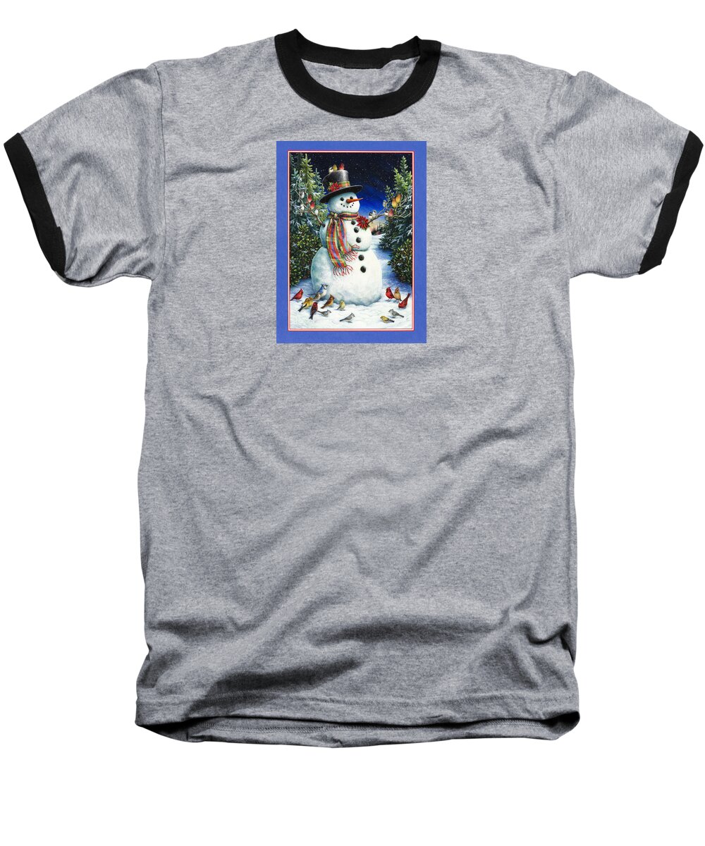 Snowman Baseball T-Shirt featuring the painting Feathered Friends by Lynn Bywaters
