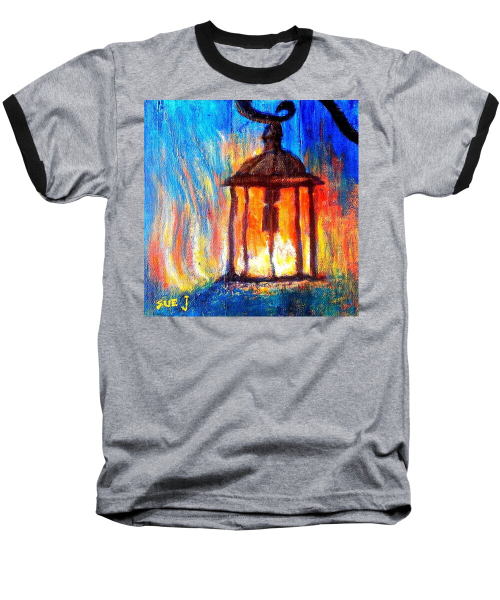 Colorful Whimsical Quirky Decorative Colourful Bright Vibrant Painting Pretty Unique Style Bold Brush Strokes Heart-warming Cute Child's-room Childs Child's Room Vivid Drawing Sketch Loose Distinctive Funny Fun Cheerful Brighten Pink Blue Green Purple Lamp Light Incandescent Wrought Iron Light Shadows Living-room Bedroom Summer Faa Sojisch Abstract Baseball T-Shirt featuring the painting Fire and ice by Sue Jacobi