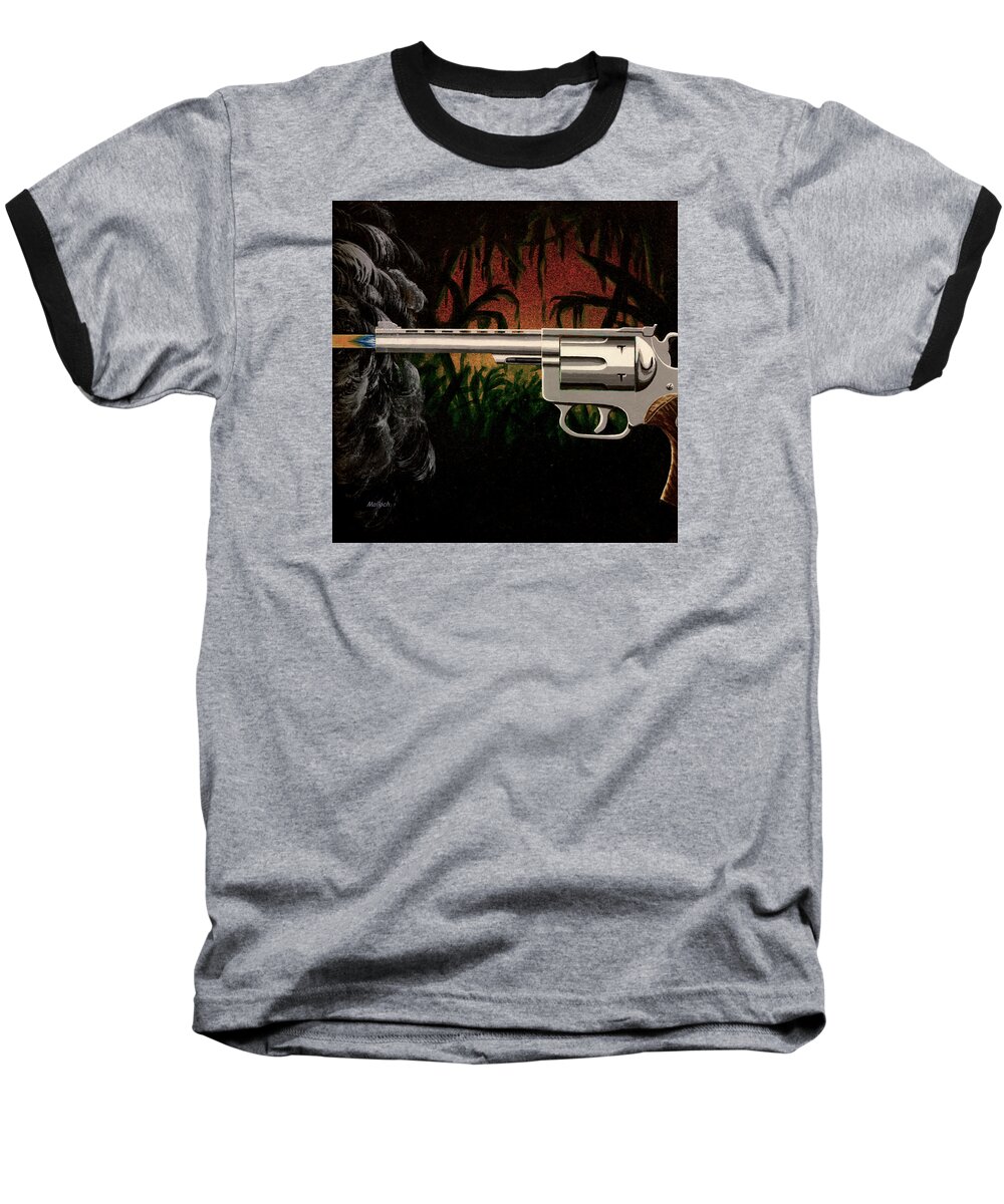 Gun Baseball T-Shirt featuring the painting Fire in the Jungle by Jack Malloch