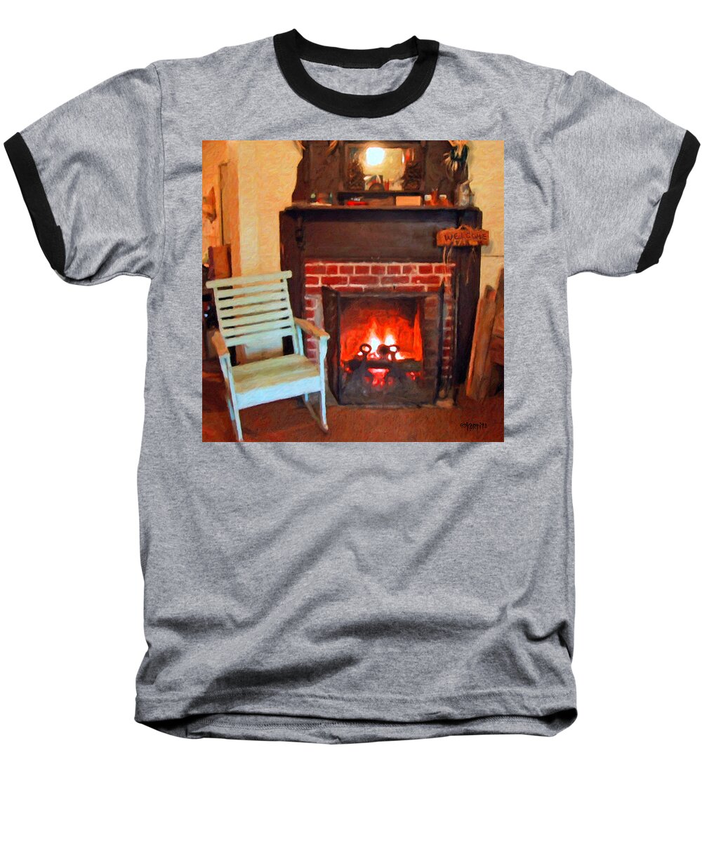 Hearth Baseball T-Shirt featuring the photograph The Family Hearth - Fireplace Old Rocking Chair by Rebecca Korpita