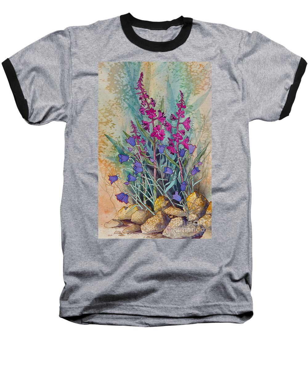Fireweed And Bluebells Baseball T-Shirt featuring the painting Fireweed and Bluebells by Teresa Ascone