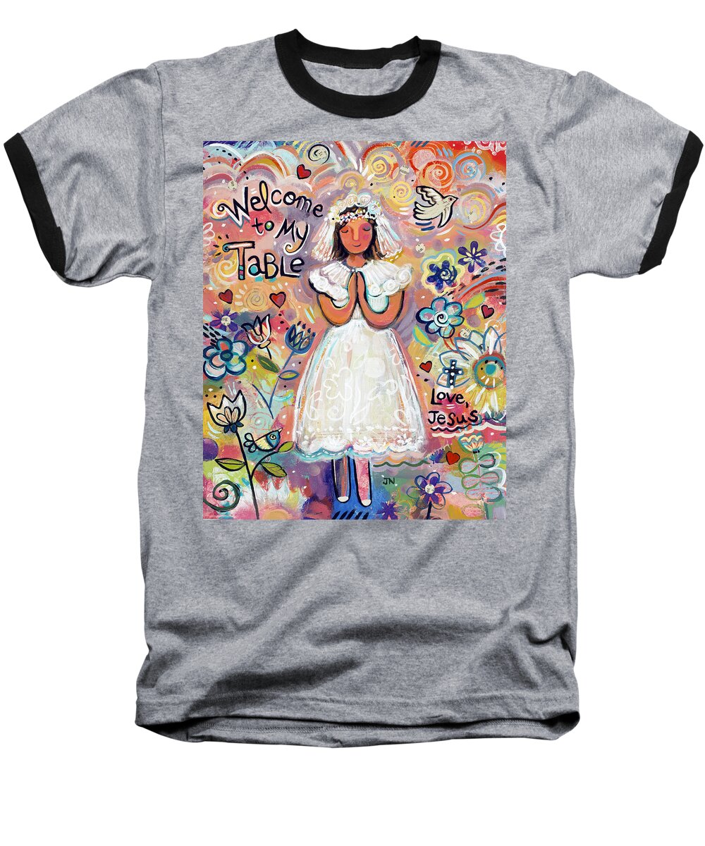 Jen Norton Baseball T-Shirt featuring the painting First Communion Girl by Jen Norton