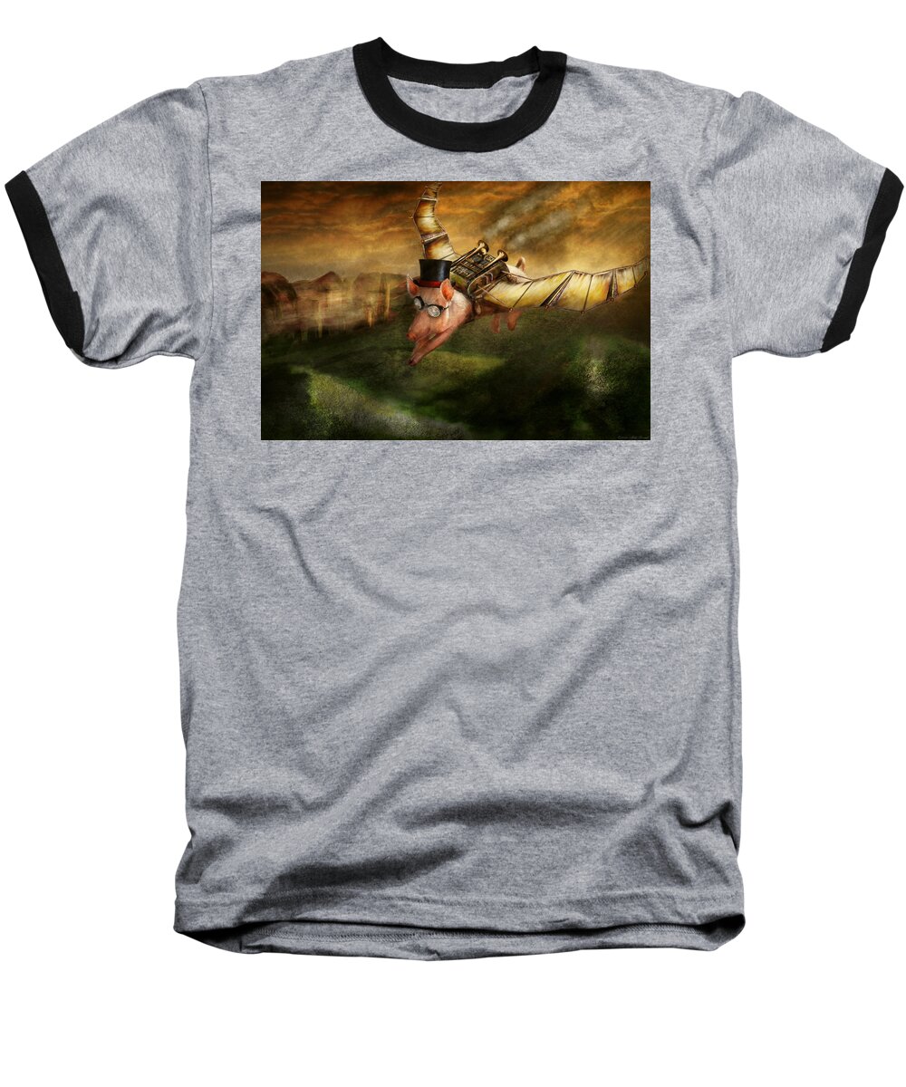 Pig Baseball T-Shirt featuring the photograph Flying Pig - Steampunk - The flying swine by Mike Savad