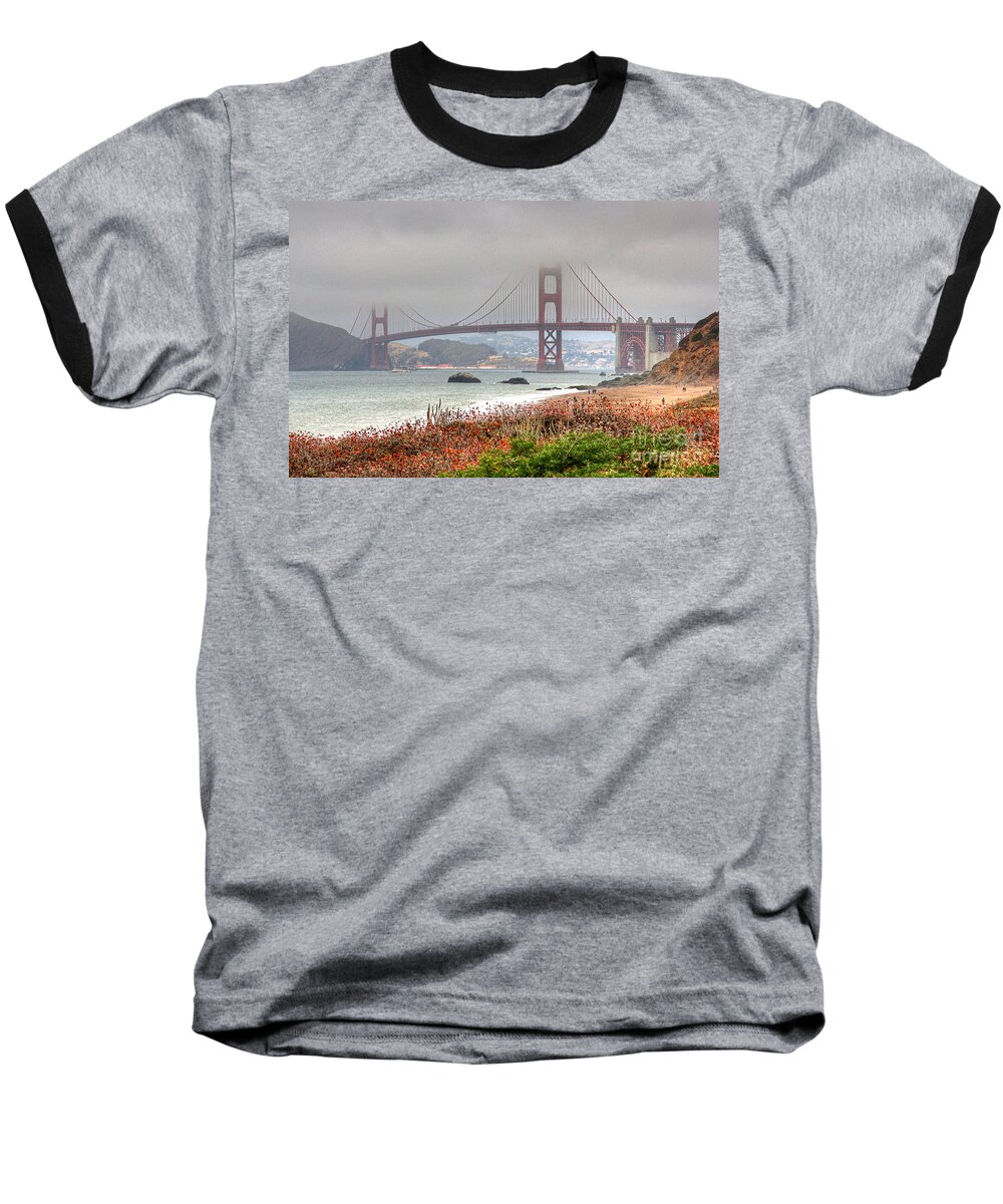 Kate Brown Baseball T-Shirt featuring the photograph Foggy Bridge by Kate Brown
