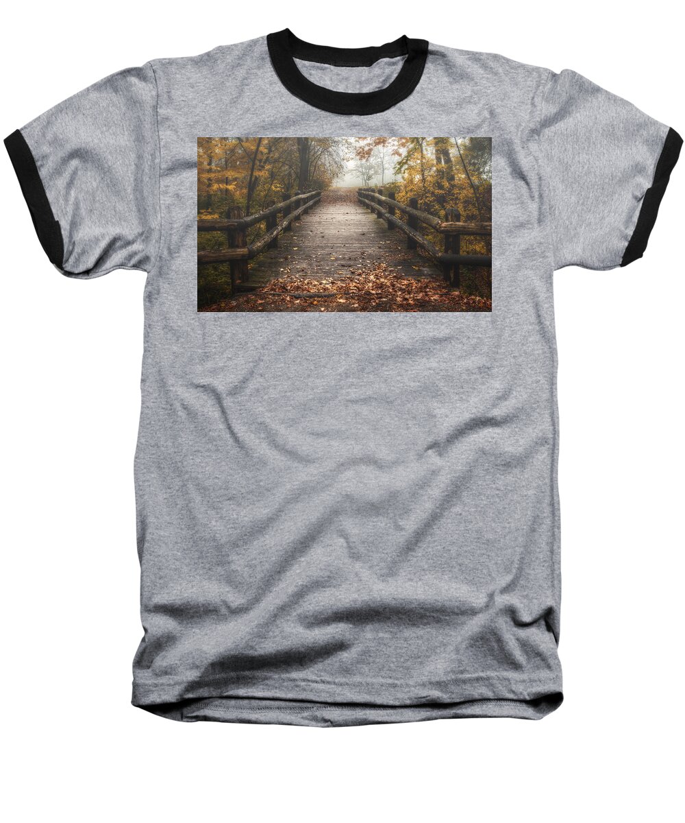 Bridge Baseball T-Shirt featuring the photograph Foggy Lake Park Footbridge by Scott Norris