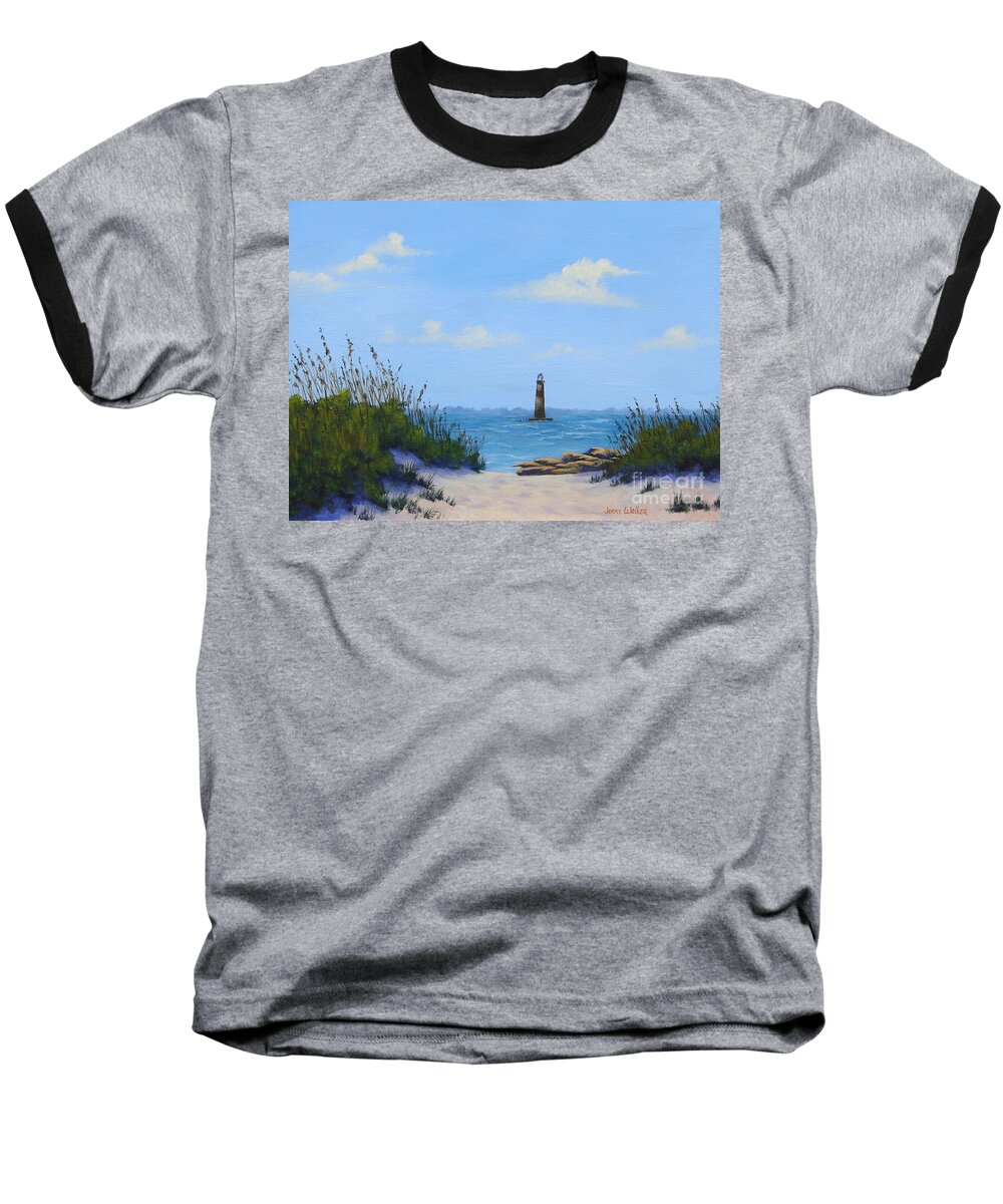 Landscape Baseball T-Shirt featuring the painting Folly Beach Lighthouse by Jerry Walker