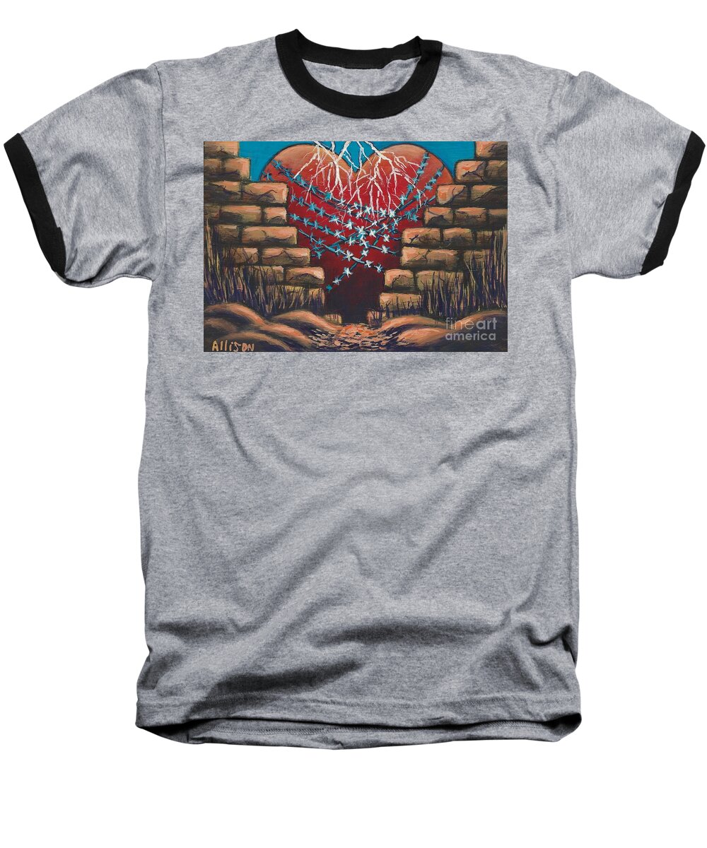 #heart #sting #music #fortressaroundyourheart Baseball T-Shirt featuring the painting Fortress Around Your Heart by Allison Constantino