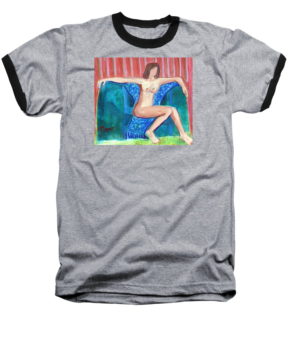 Nude Baseball T-Shirt featuring the painting Dare to Be Bare in a Big Green Chair by Betty Pieper