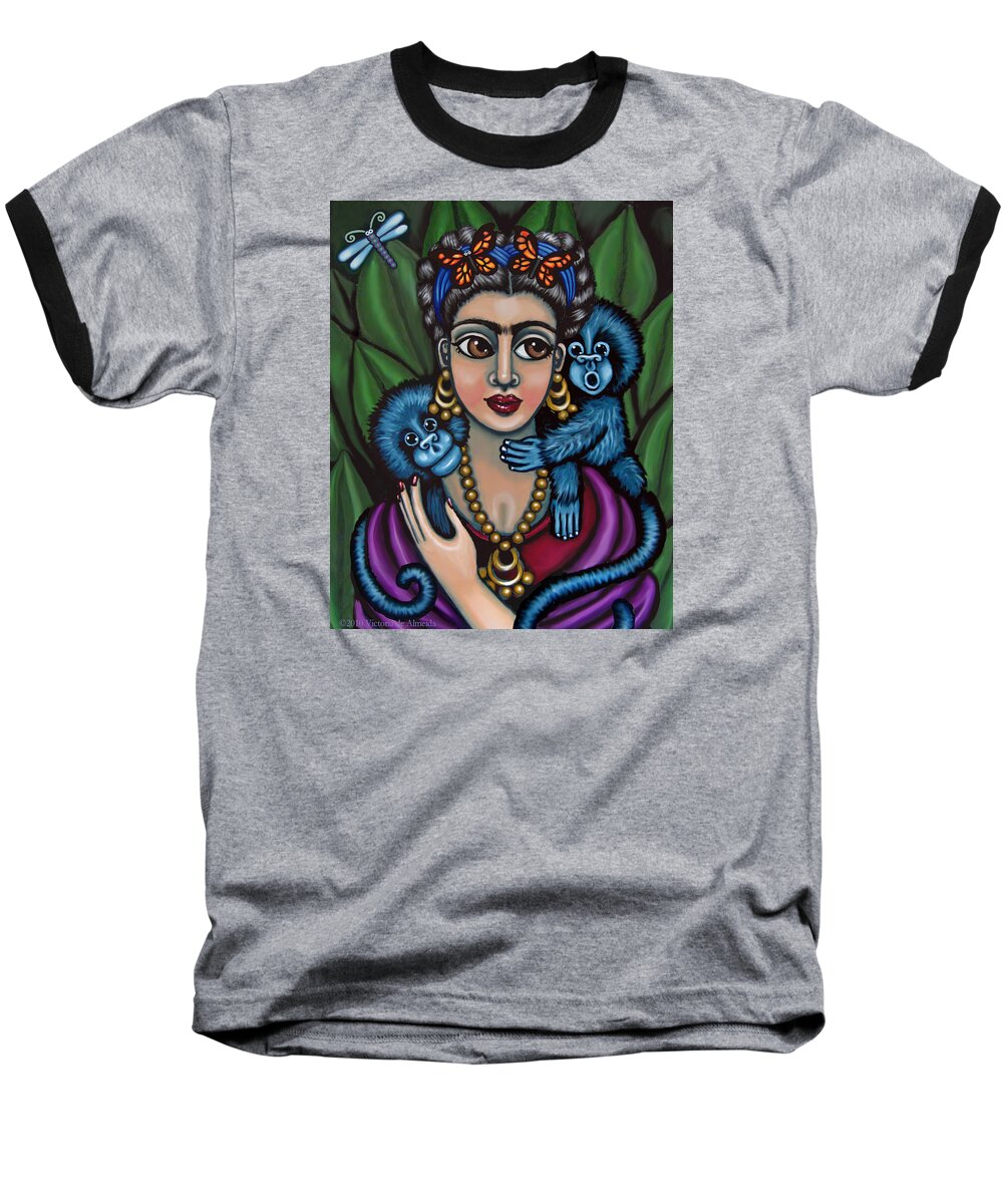 Mexican Folk Art Baseball T-Shirt featuring the painting Frida's Monkeys by Victoria De Almeida