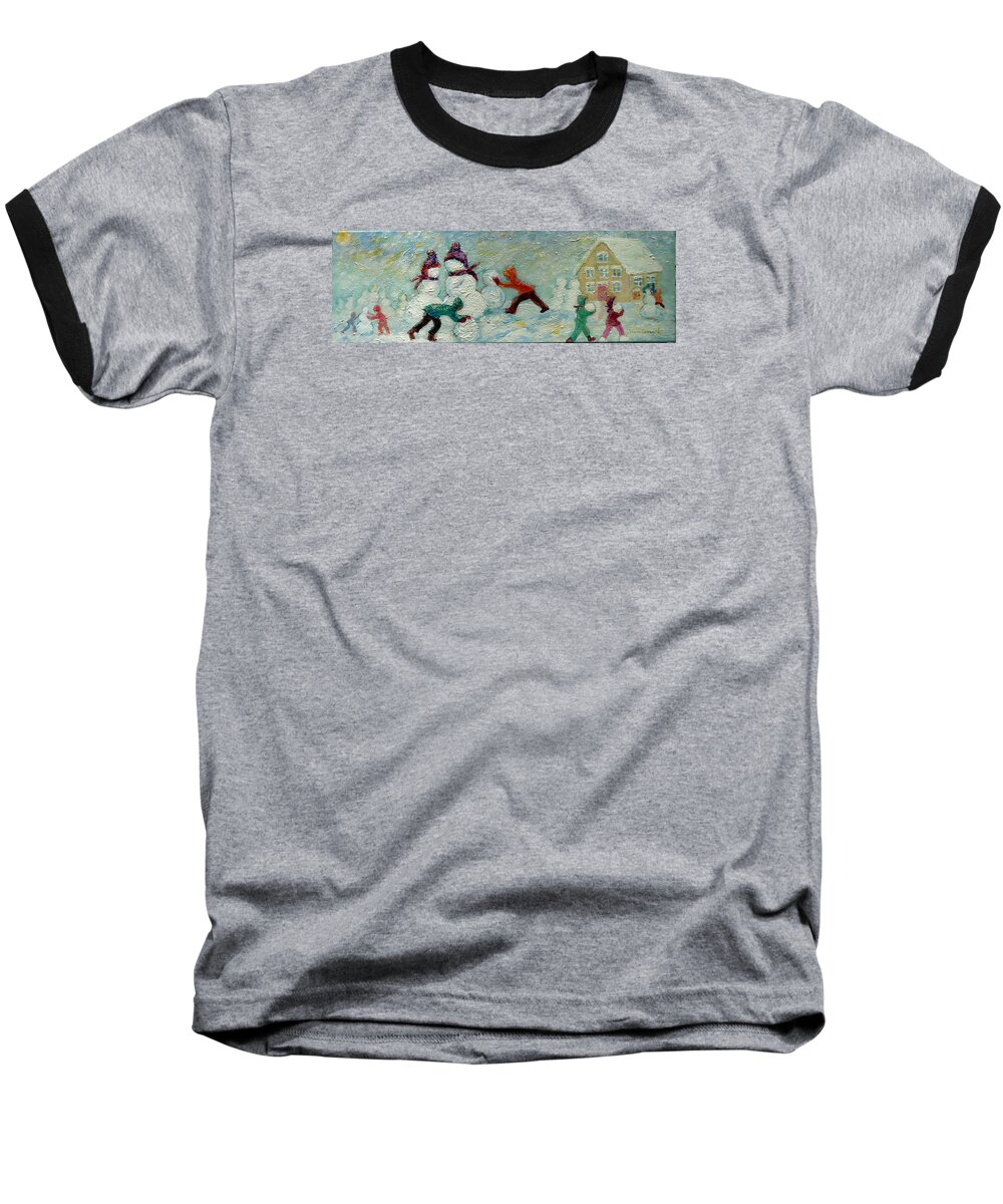 Kids Building Snow People Baseball T-Shirt featuring the painting Friends Making Friends by Naomi Gerrard